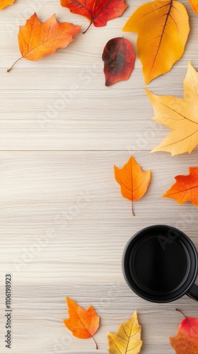 Warm drink surrounded by colorful autumn leaves on a wooden table