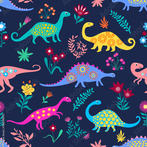 Patron de dinosaurios coloridos con flores