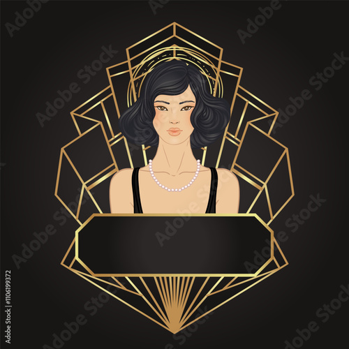 Retro fashion, glamour girl of twenties. Asian pretty woman. Vector illustration. Flapper 1920s style. Vintage party invitation design template. Fancy asian lady.