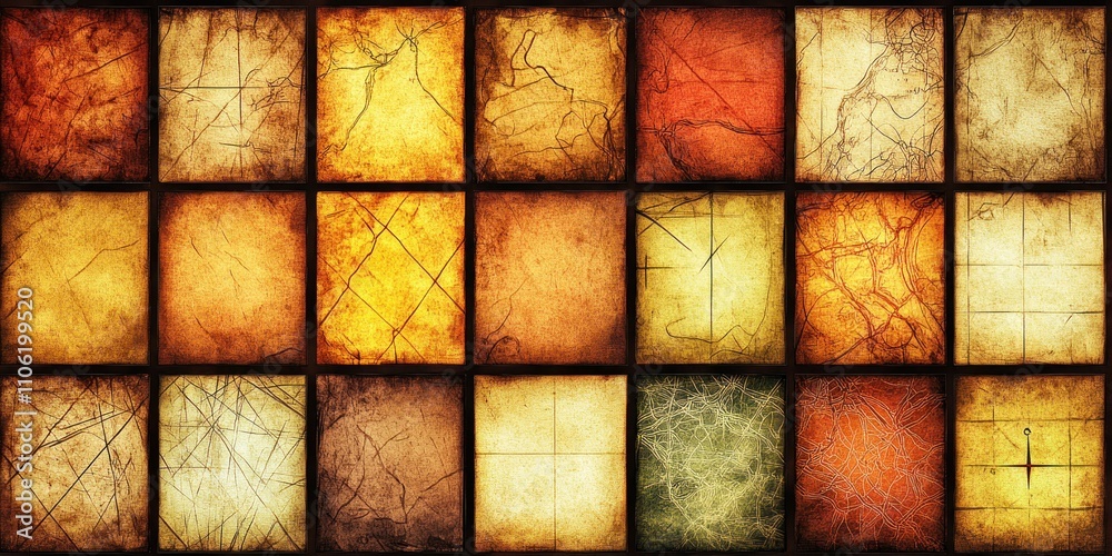 A grid of textured, aged squares with warm colors, resembling vintage paper or maps. A grid of textured, aged squares with warm colors, resembling vintage paper or maps.