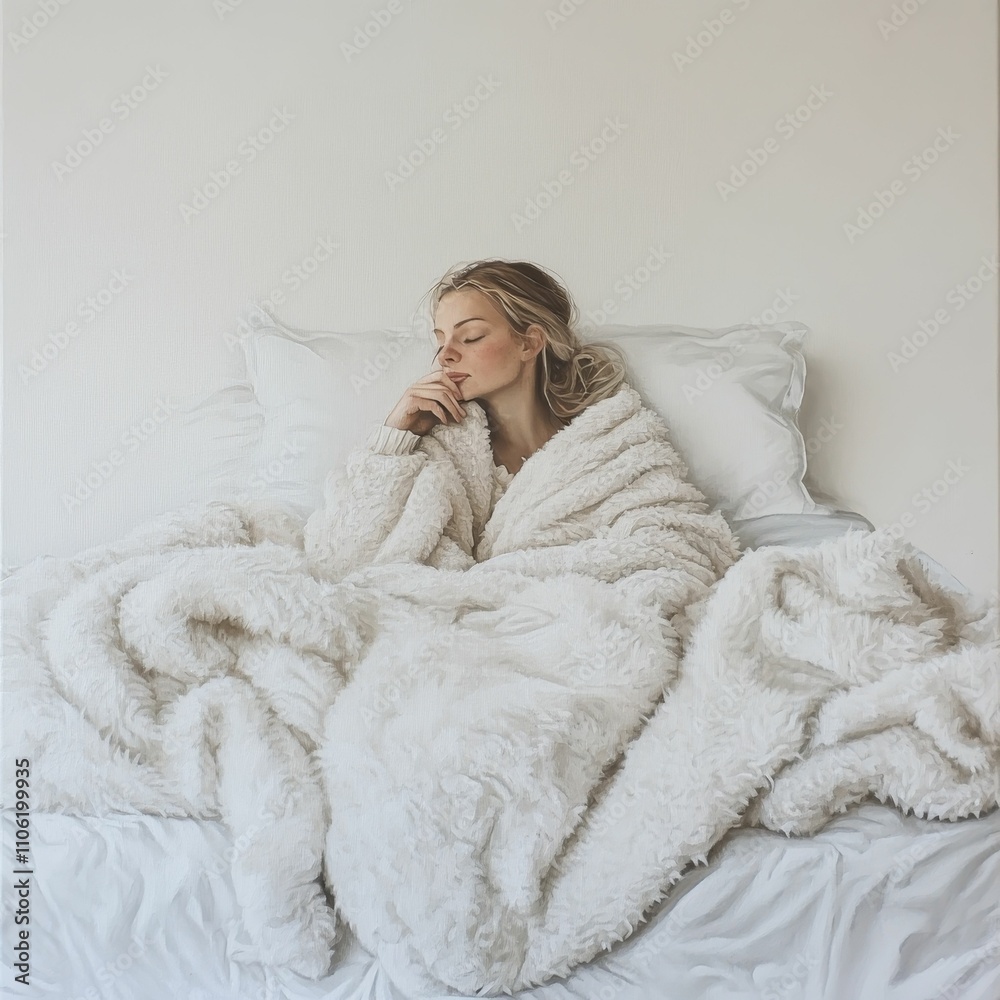 Woman sleeps, nestled in fluffy white bedding. Woman sleeps, nestled in fluffy white bedding.