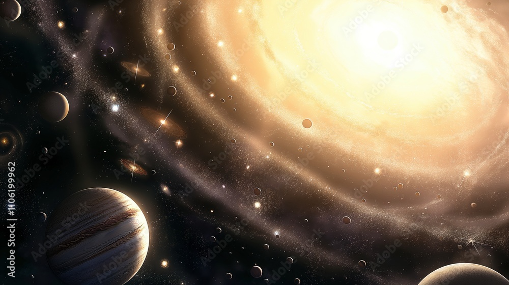 Brightly glowing galaxy and planets in darkness image. Amazing luminous star dust cluster in space photography scene wallpaper. Cosmos depth objects concept photorealistic photo Brightly glowing galaxy and planets in darkness image. Amazing luminous star dust cluster in space photography scene wallpaper. Cosmos depth objects concept photorealistic photo