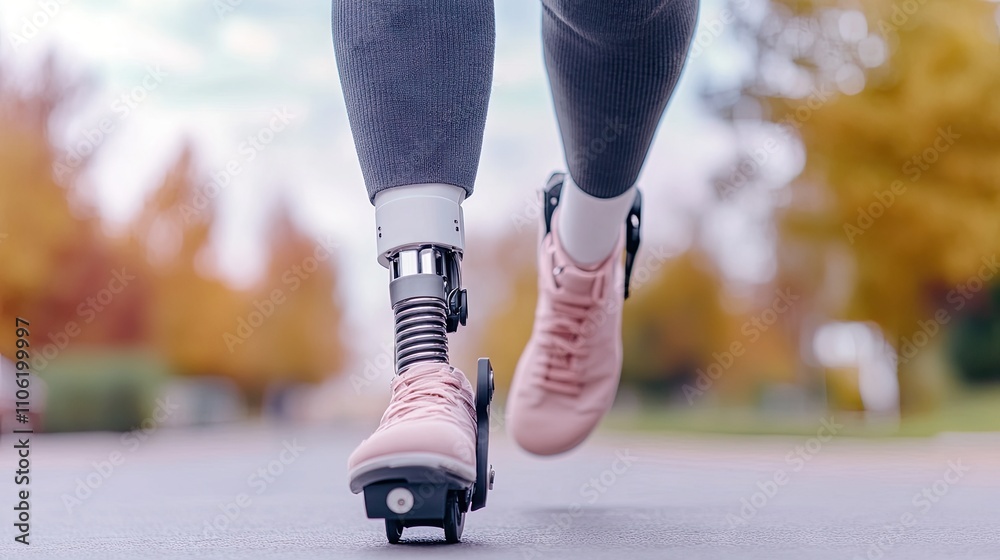 Fototapeta premium Empowerment in motion as an amputee walks gracefully on a vibrant autumn street