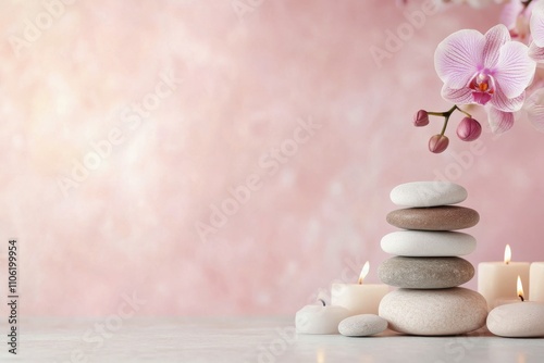 Stacked stones with candles and orchids create a serene atmosphere for relaxa...