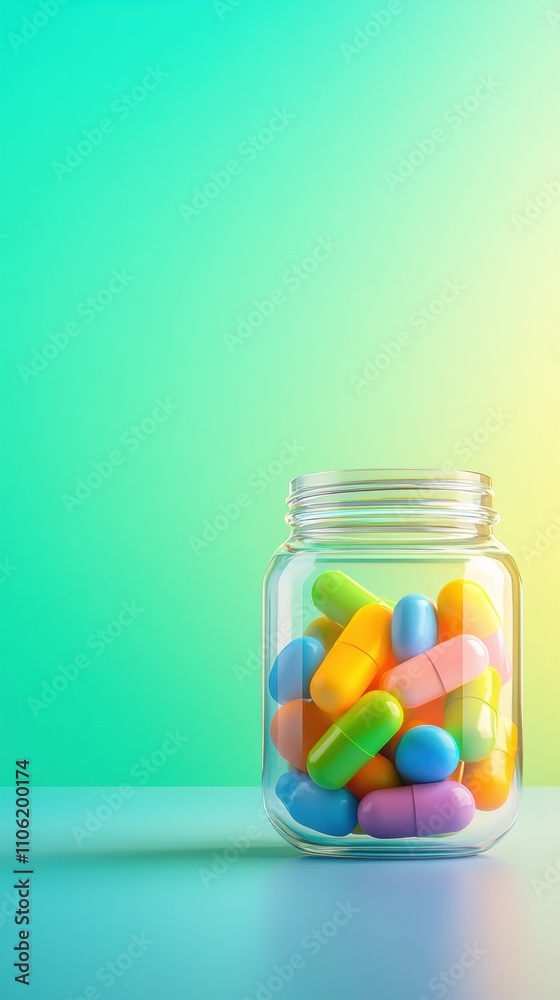 Colorful capsules in a glass jar against a vibrant gradient background, AI Colorful capsules in a glass jar against a vibrant gradient background, AI