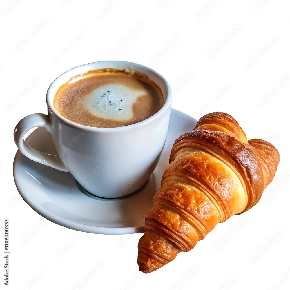 a cup with a hot coffee drink on a plate and a delicious croissant next to it. The French breakfast is ready. morning good mood. a cup with a hot coffee drink on a plate and a delicious croissant next to it. The French breakfast is ready. morning good mood.
