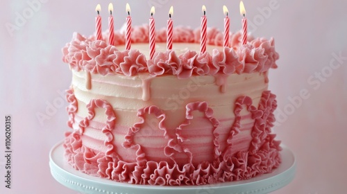 Festive pink cake decorated with candles ready for a celebration at a party