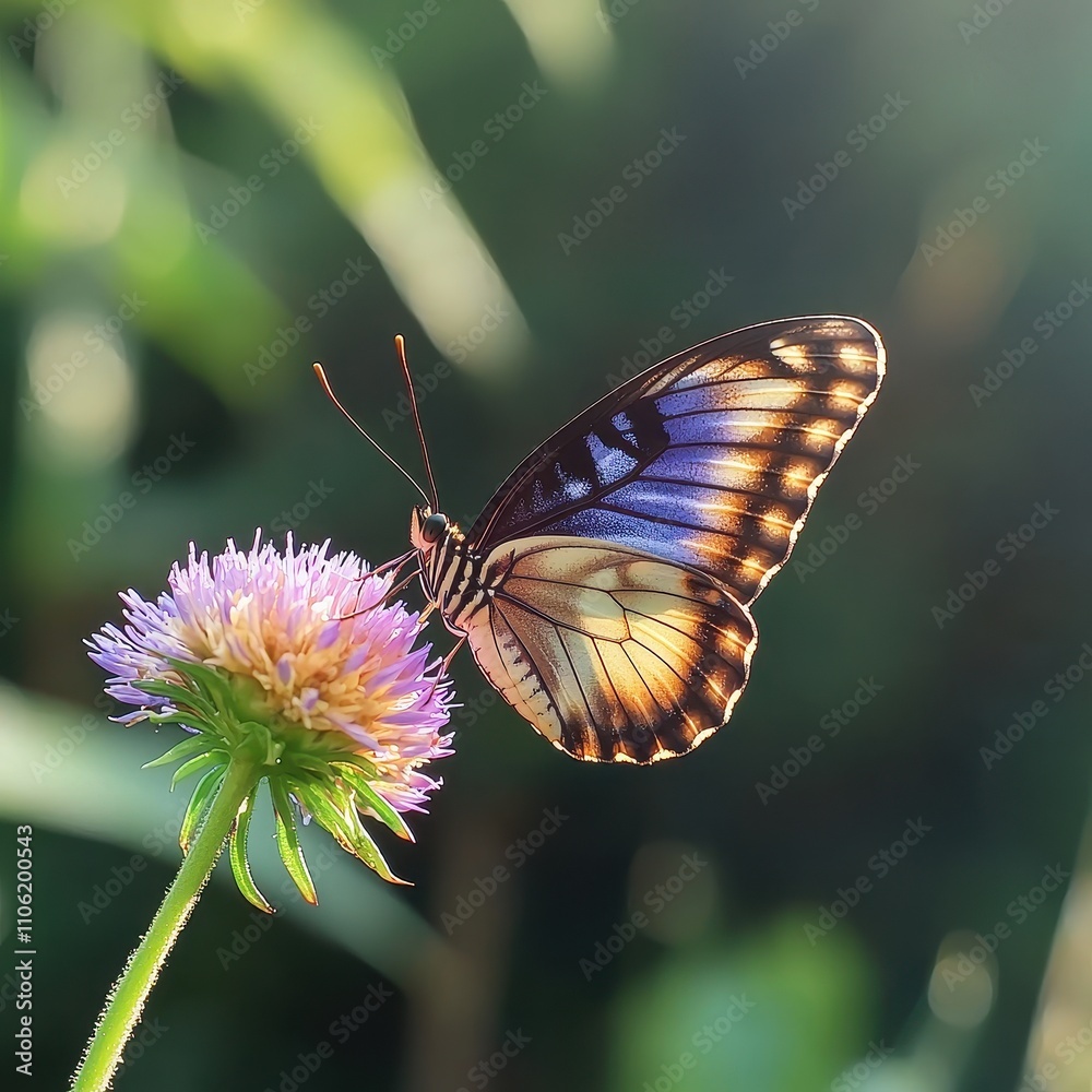 A Colorful Butterfly Resting on a Delicate Flower Petal in a Lush Green Environment Captured in Soft Natural Light