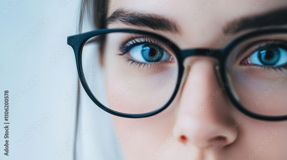 Close-up of a young woman's face wearing eyeglasses. Close-up of a young woman's face wearing eyeglasses.