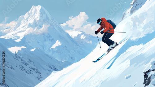 skier jumping in the snow mountains on the slope with his ski and professional equipment on a sunny day. Generative AI