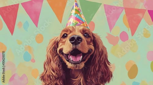 Happy dog celebrates with colorful party hat and decorations in cheerful setting