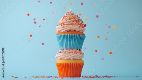 Colorful stack of cupcakes with sprinkles against a blue background