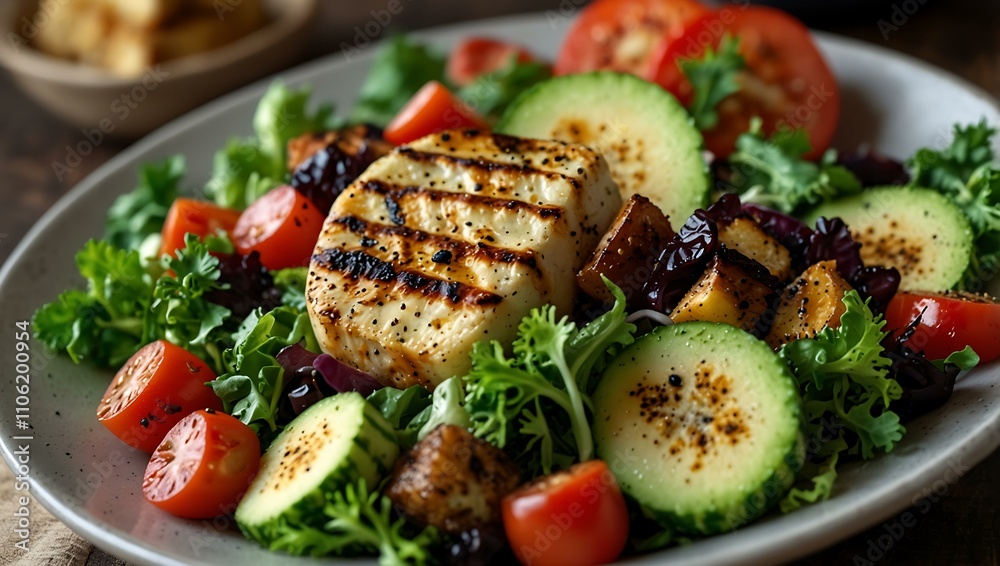 Grilled halloumi salad with quinoa, fresh greens, and vibrant veggies. Grilled halloumi salad with quinoa, fresh greens, and vibrant veggies.