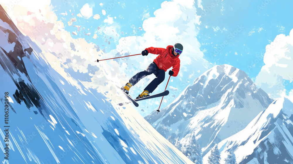 skier jumping in the snow mountains on the slope with his ski and professional equipment on a sunny day. Generative AI skier jumping in the snow mountains on the slope with his ski and professional equipment on a sunny day. Generative AI