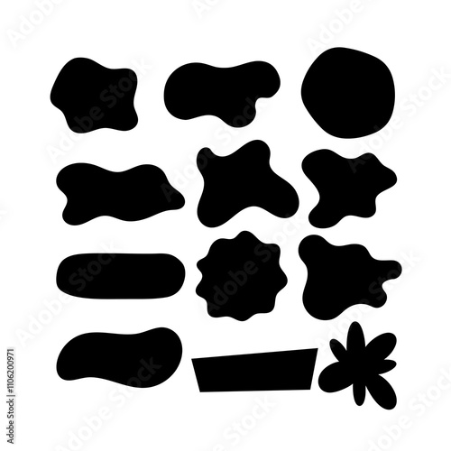 Organic black blobs with irregular shapes. Abstract fluid forms vector set.