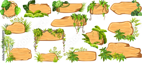 Game panels in jungle style with liana branches and leaves, ivy. Set isolated wooden elements, boards for covers, applications, notebooks, mobile games. Vector signboards with space for text.