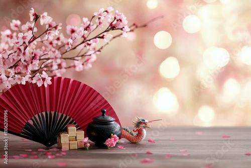 Cherry blossom decoration with a red fan and gold gifts for a cultural celebr...