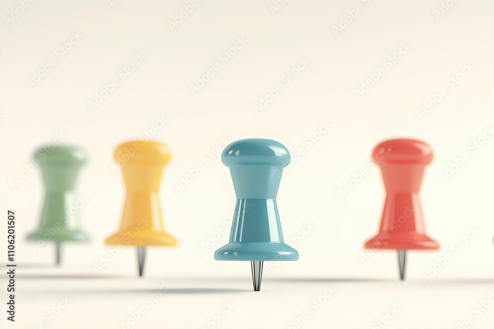 Colorful and Vibrant Push Pins in a Row on a Light Background, Perfect for Office Organization, Craft Projects, and Creative Displays Colorful and Vibrant Push Pins in a Row on a Light Background, Perfect for Office Organization, Craft Projects, and Creative Displays