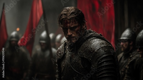Blood-splattered warrior amidst red flags and soldiers.