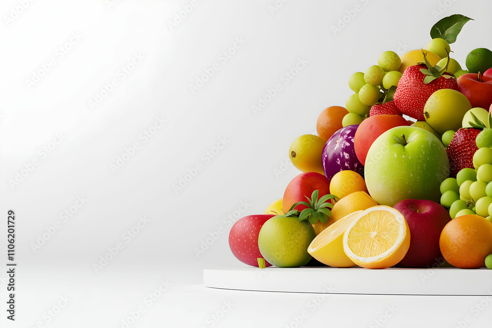 A Vibrant Display of Fresh Fruits Including Apples, Oranges, Grapes, Lemons, and Limes Arranged Artistically on a White Background for Healthy Lifestyle Concepts A Vibrant Display of Fresh Fruits Including Apples, Oranges, Grapes, Lemons, and Limes Arranged Artistically on a White Background for Healthy Lifestyle Concepts