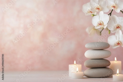 Stacked stones with candles and orchids create a serene atmosphere for relaxa...