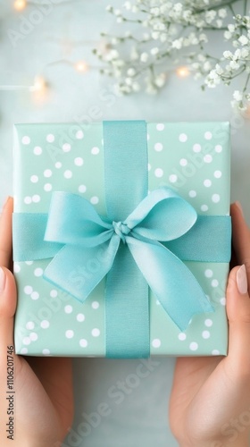 Gift wrapped in elegant paper with a blue ribbon held by hands against a fest...