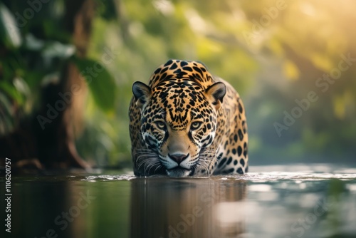 Majestic jaguar prowling through calm waters in lush rainforest habitat at dawn