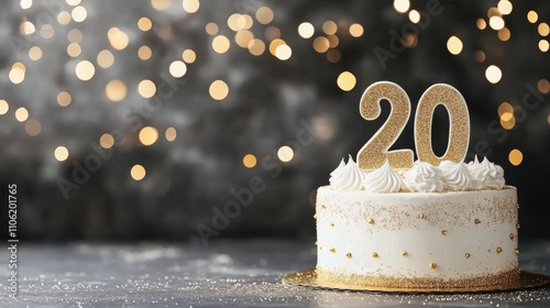 A festive cake with a sparkly 20 candle and a soft bokeh background