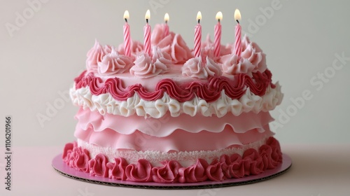 Festive pink cake decorated with candles ready for a celebration at a party