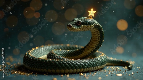 A snake with a crown in the form of a star on its head. Royal snake. The concept of fulfillment of all desires. The magic of the new year. A fairy-tale character. Symbol of the eastern calendar photo