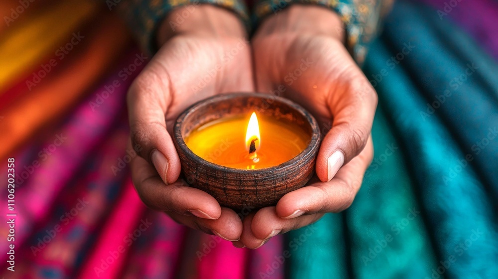 Hindu gods concept. A person holds a lit oil lamp in their hands, surrounded by vibrant, colorful fabrics, symbolizing light and celebration. Hindu gods concept. A person holds a lit oil lamp in their hands, surrounded by vibrant, colorful fabrics, symbolizing light and celebration.
