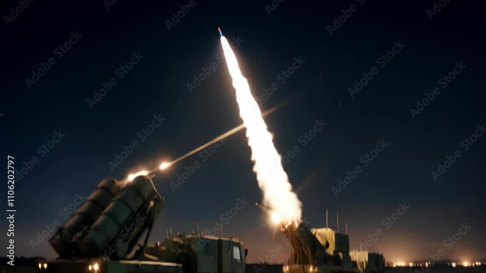 An anti-missile defence system is used to intercept and destroy intercontinental nuclear missiles ad they are in the sky. 3D AI-GENERATED.