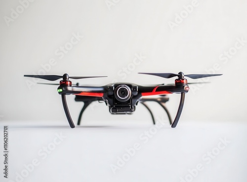 Dark grey quadcopter drone with camera and sensors, flying isolated on white