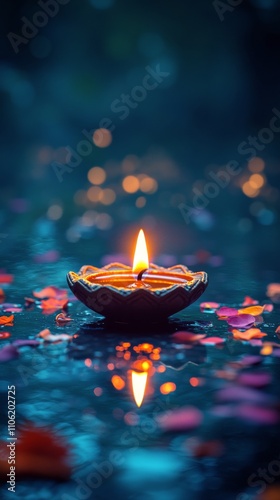 Diyas illuminate a serene setting during a festival celebration at twilight