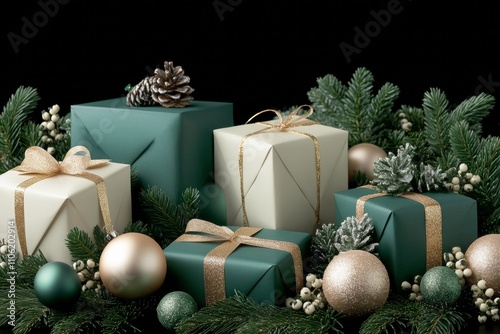 Holiday gifts decorated with greenery and ornaments on a dark background