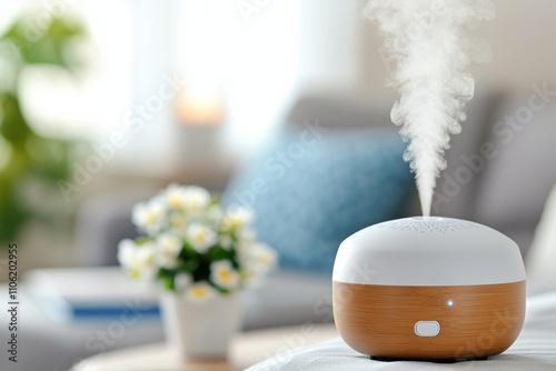 Essential oil diffuser creating aromatic mist in a cozy living room during da...