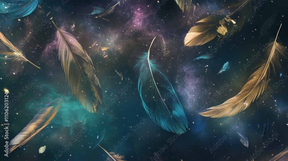 Ethereal glowing feathers in hues of teal, lavender, and gold float gracefully through a cosmic void, adorned with starry speckles, creating a celestial and dreamlike atmosphere.