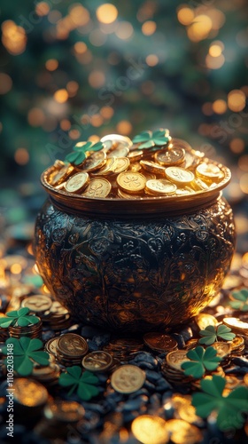 Golden coins and green clovers create a festive atmosphere for a celebration