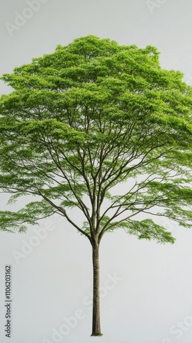 Large green tree standing alone in a serene landscape with misty mountains in...