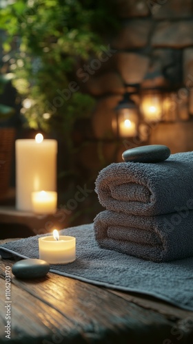 Relaxation and tranquility with heated stones and candles in a natural setting