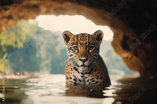 Majestic jaguar prowling through calm waters in lush rainforest habitat at dawn