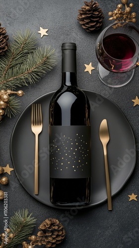 Elegant holiday dinner setting with wine and festive decorations on a dark table