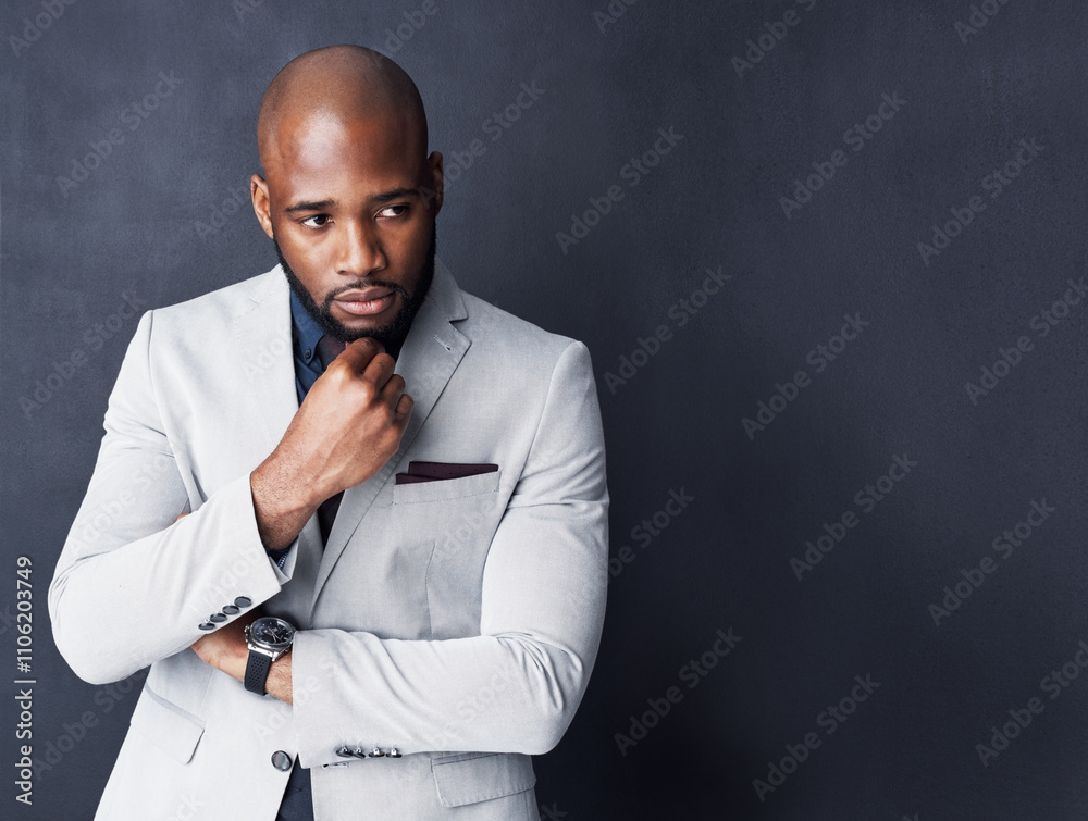 Thinking, mockup space and business black man in studio for insight, solution or problem solving. Professional, corporate entrepreneur and person for career, job decision or choice on gray background Thinking, mockup space and business black man in studio for insight, solution or problem solving. Professional, corporate entrepreneur and person for career, job decision or choice on gray background