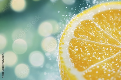 Fresh lemon slice with sparkling water droplets against a blurred background
