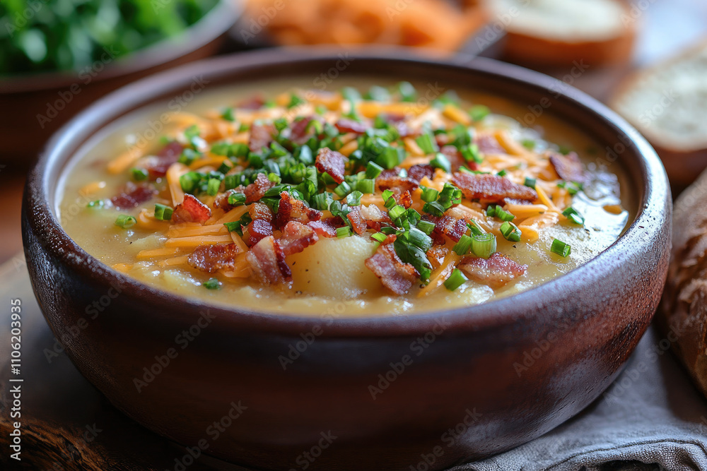 Hearty Potato and Bacon Soup in Rustic Bowl Hearty Potato and Bacon Soup in Rustic Bowl