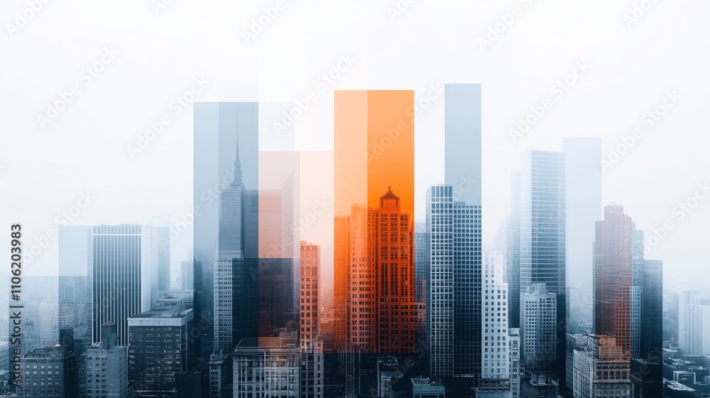 Cityscape with abstract overlay of geometric shapes and skyscrapers in contrasting colors and patterns. Cityscape with abstract overlay of geometric shapes and skyscrapers in contrasting colors and patterns.