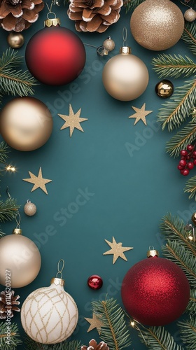 Holiday decorations with red and gold ornaments on a teal background for festive celebrations