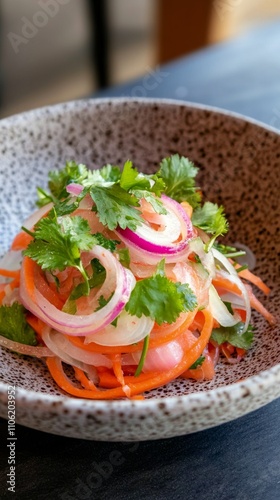 Colorful vegetable salad with carrots, onions, and cilantro served in a decor...