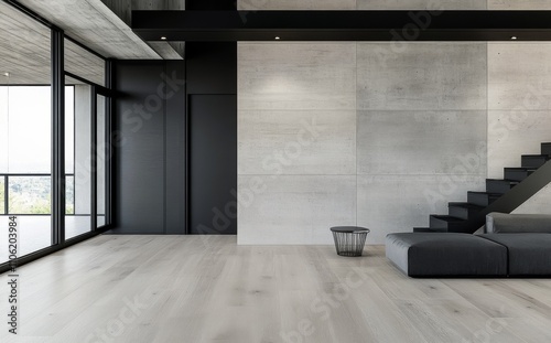 Modern interior design showcasing a minimalist living room and a sleek stairc...