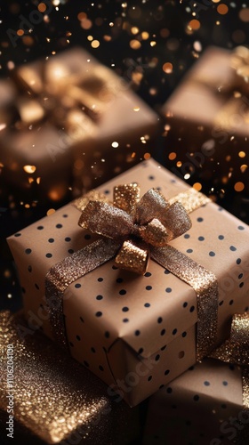 Celebration with wrapped gifts and golden confetti falling in a festive atmos...